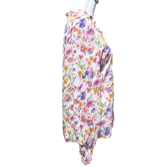 JOIE Floral Blouse Medium 8-10 Tie V-Neck  Sheer Sleeve Smocked Cuff Pink Purple - Picture 5 of 13